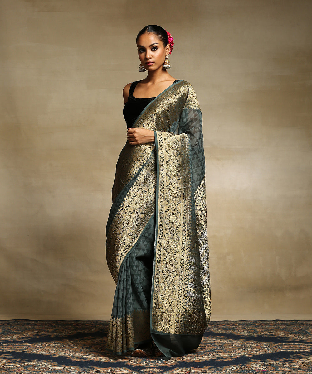 Handloom_Sage_Green_Pure_Georgette_Banarasi_Saree_With_Ajrakh_Printing_And_Zari_Border_WeaverStory_02