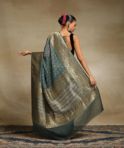 Handloom_Sage_Green_Pure_Georgette_Banarasi_Saree_With_Ajrakh_Printing_And_Zari_Border_WeaverStory_03