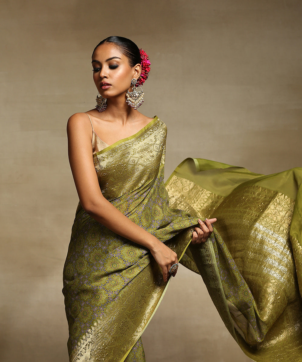 Henna_Green_Handloom_Pure_Georgette_Banarasi_Saree_With_Ajrakh_Printing_And_Zari_Border_WeaverStory_01