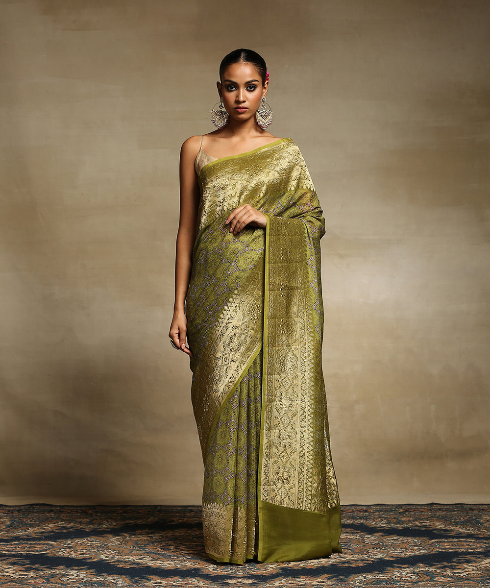 Henna_Green_Handloom_Pure_Georgette_Banarasi_Saree_With_Ajrakh_Printing_And_Zari_Border_WeaverStory_02