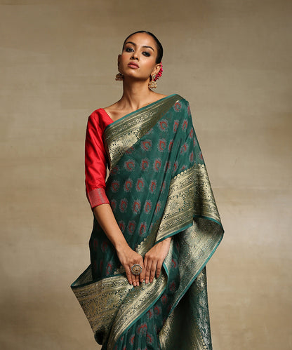 Emerald_Green_Handloom_Pure_Georgette_Banarasi_Saree_With_Ajrakh_Printing_And_Zari_Border_WeaverStory_01