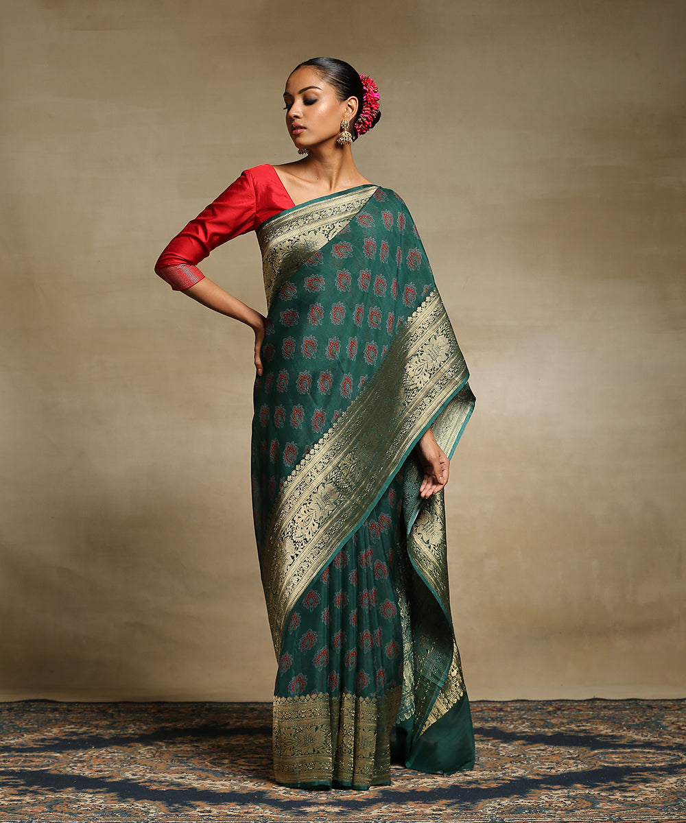 Emerald_Green_Handloom_Pure_Georgette_Banarasi_Saree_With_Ajrakh_Printing_And_Zari_Border_WeaverStory_02