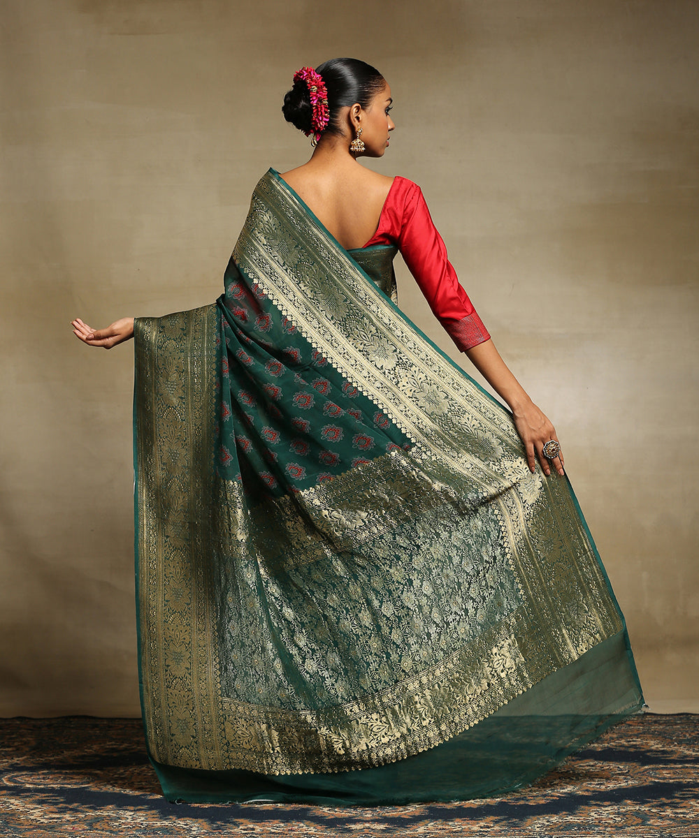 Emerald_Green_Handloom_Pure_Georgette_Banarasi_Saree_With_Ajrakh_Printing_And_Zari_Border_WeaverStory_03