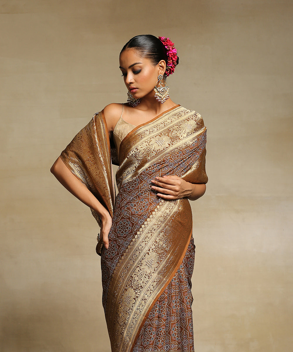 Handloom_Brown_Pure_Georgette_Banarasi_Saree_With_Ajrakh_Printing_And_Zari_Border_WeaverStory_01