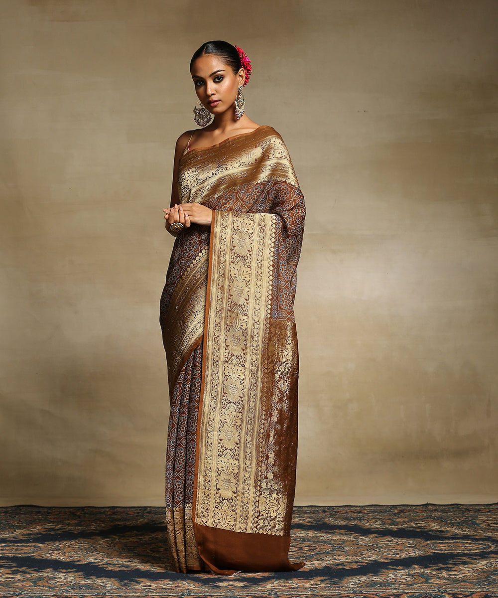 Handloom_Brown_Pure_Georgette_Banarasi_Saree_With_Ajrakh_Printing_And_Zari_Border_WeaverStory_02