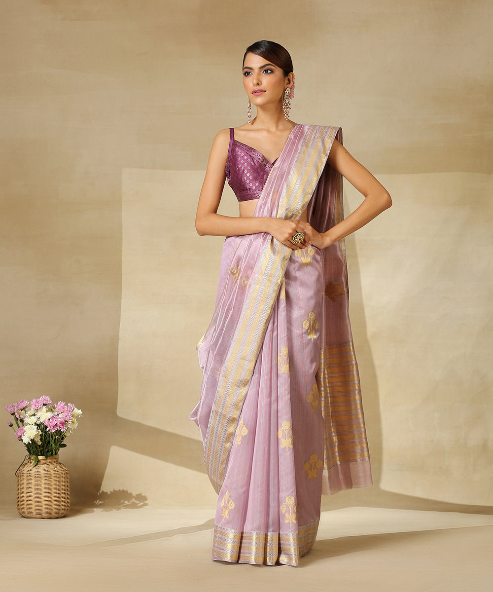 Handloom_Soft_Pink_And_Lilac_Chanderi_Silk_Saree_With_Gold_And_Silver_Zari_Border_And_Floral_Boota_WeaverStory_02