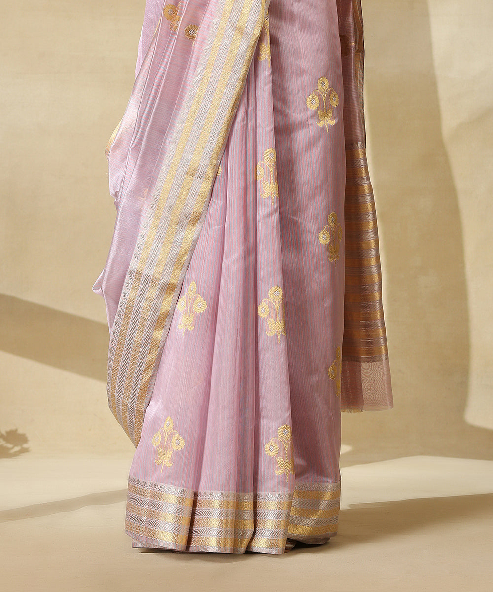 Handloom_Soft_Pink_And_Lilac_Chanderi_Silk_Saree_With_Gold_And_Silver_Zari_Border_And_Floral_Boota_WeaverStory_04