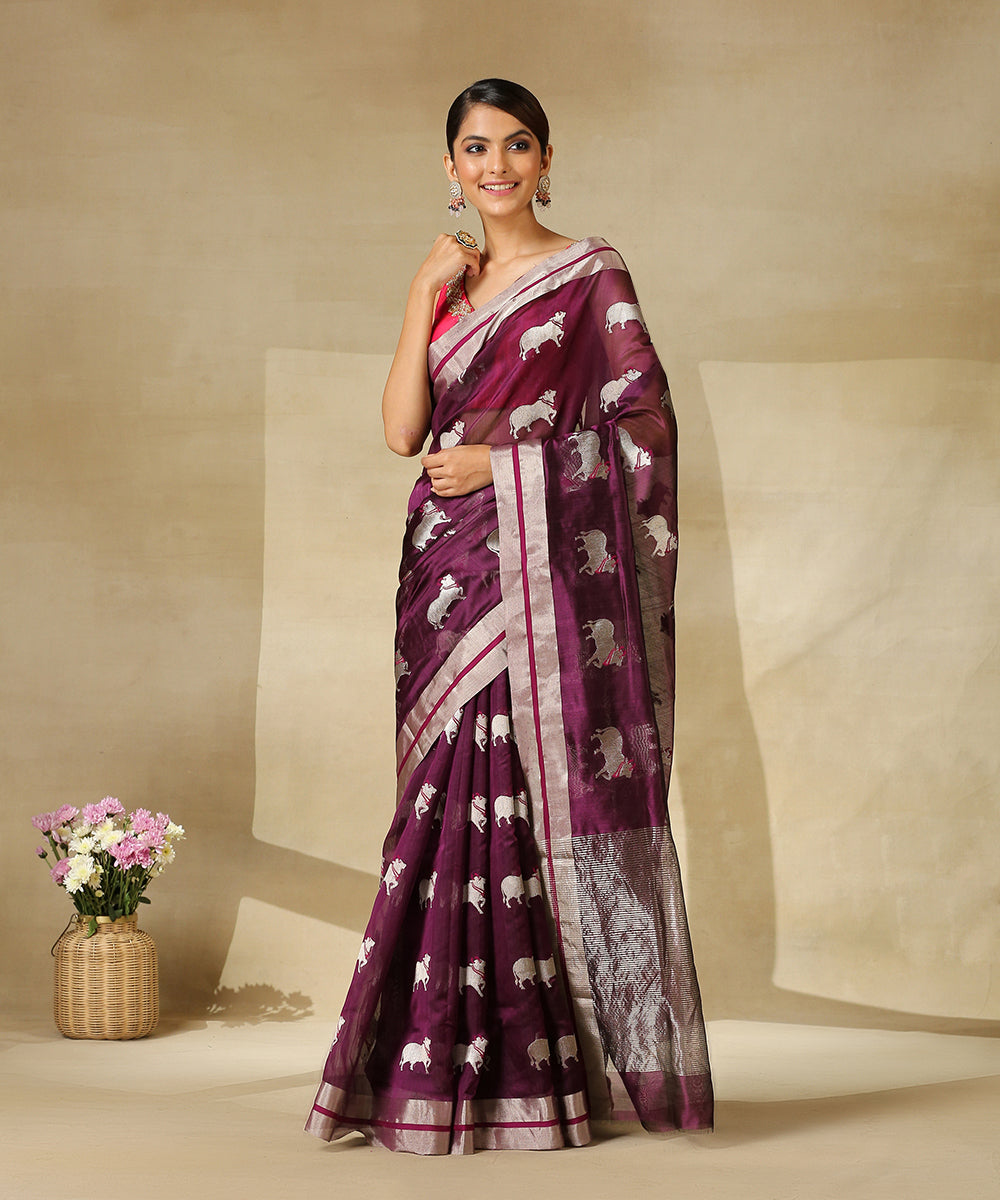 Wine_Handloom_Pure_Silk_Chanderi_Saree_With_Eknaliya_Nandi_Motifs_WeaverStory_02