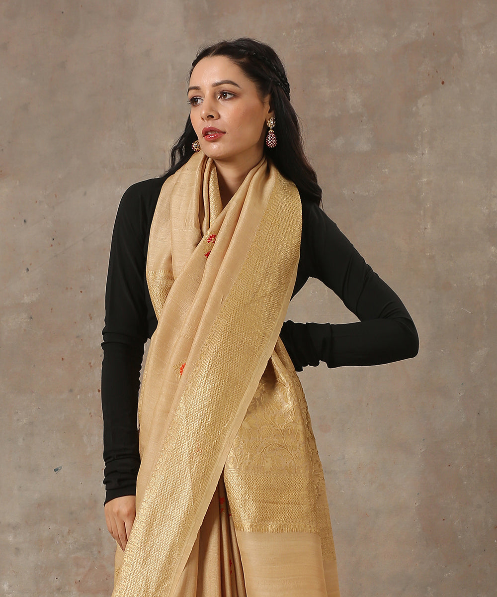 Beige_Handloom_Tussar_Georgette_Banarasi_Saree_with_Red_Floral_Motifs_WeaverStory_01