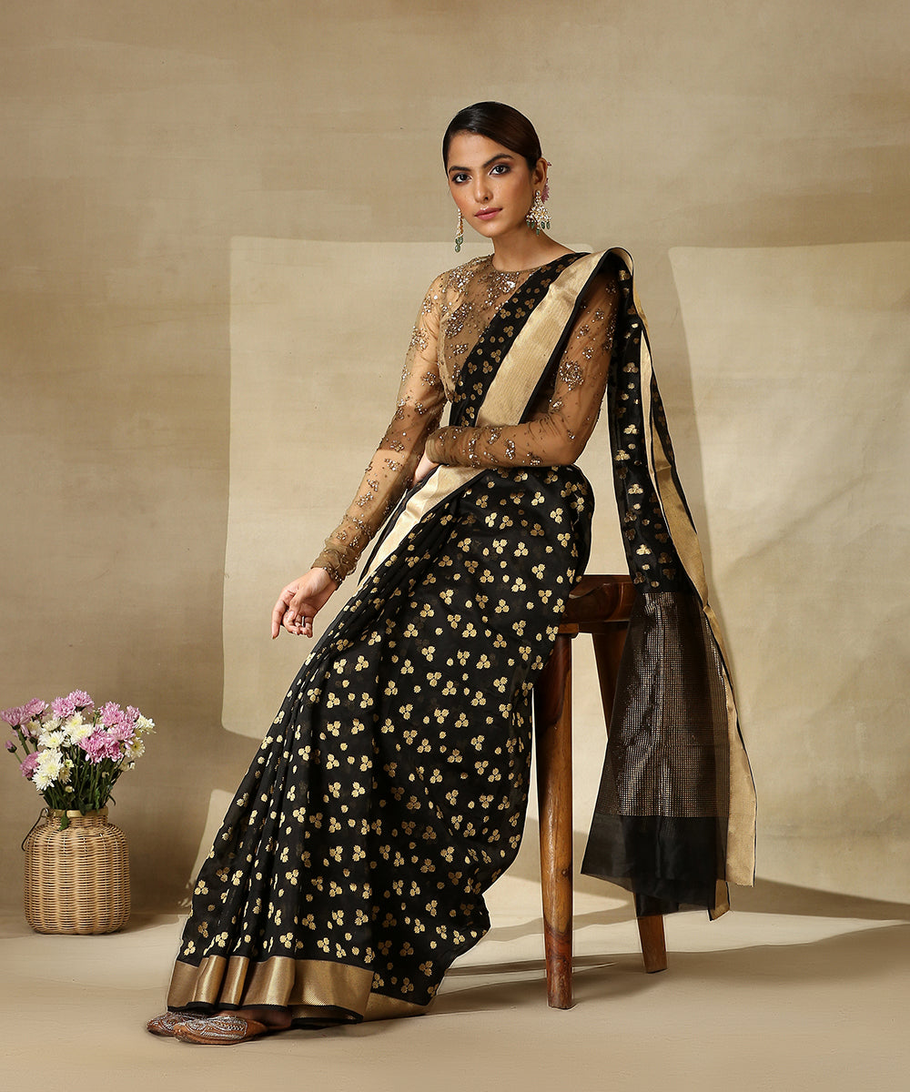 Handloom_Black_Pure_Silk_Chanderi_Saree_With_All_Over_Zari_Booti_WeaverStory_01