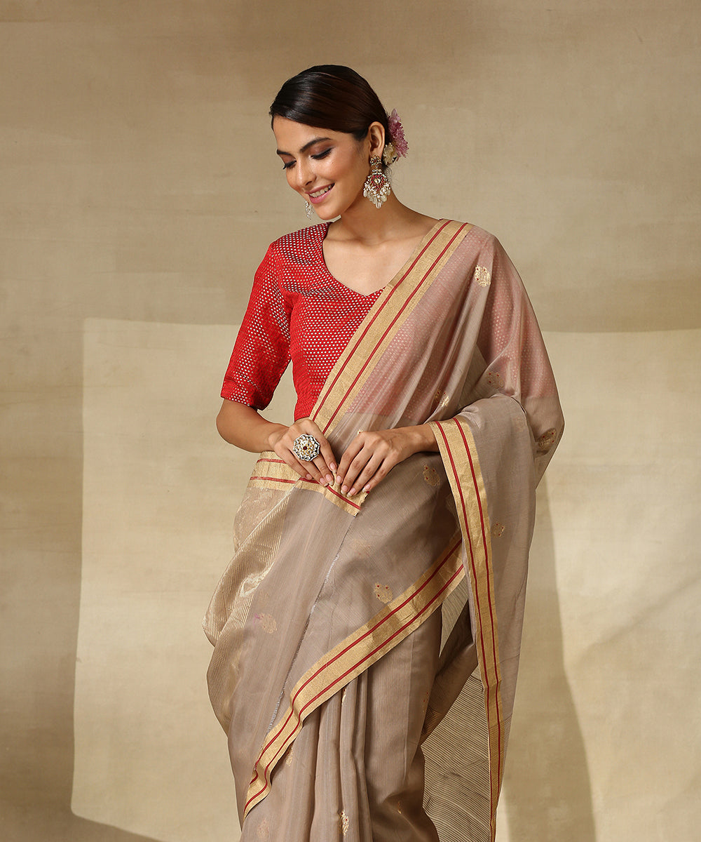 Handloom_Brown_Cotton_Silk_Chanderi_Saree_With_Gold_Zari_Booti_WeaverStory_01