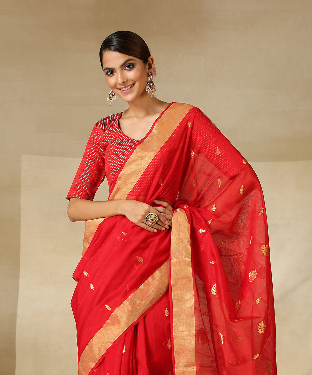 Red_Handloom_Cotton_Silk_Chanderi_Saree_With_Gold_Zari_Booti_WeaverStory_01