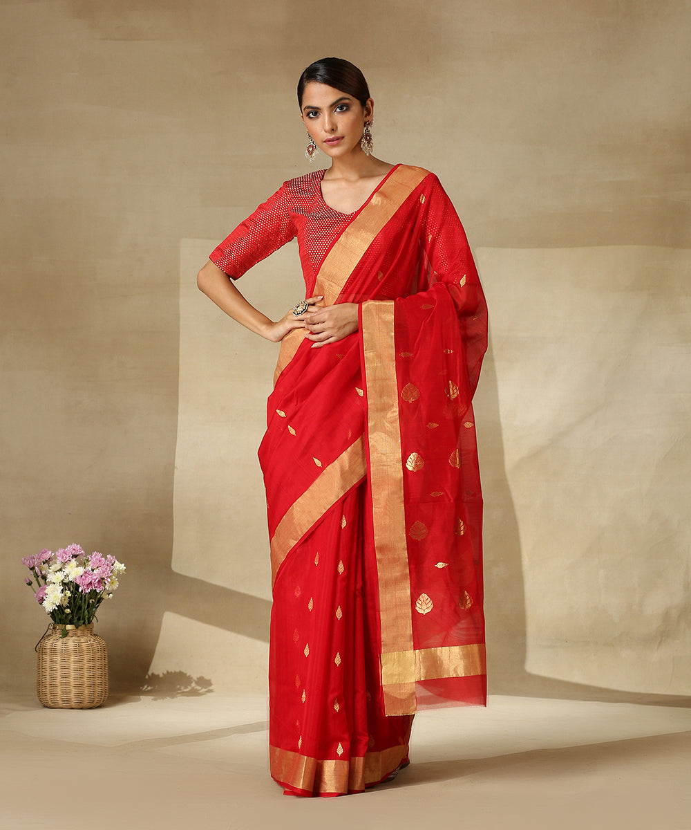 Red_Handloom_Cotton_Silk_Chanderi_Saree_With_Gold_Zari_Booti_WeaverStory_02