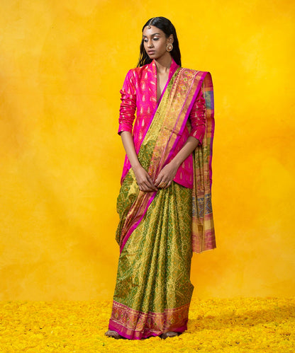 Handloom_Mehendi_Green_Tissue_Silk_Patola_Saree_with_Pink_Border_WeaverStory_02