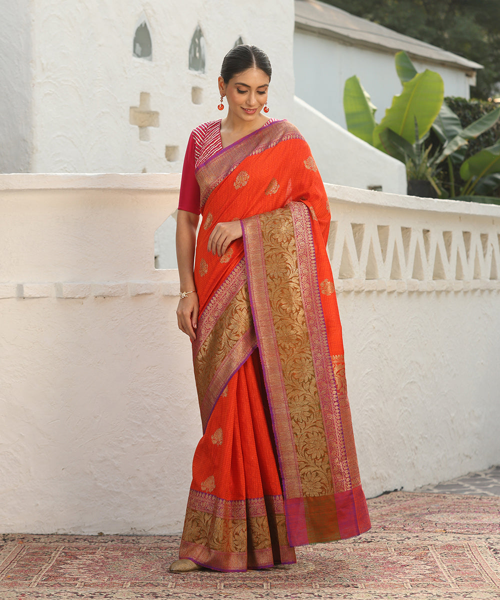 Handloom_Orange_Dupion_Silk_Banarasi_Saree_With_Broad_Zari_Purple_Border_WeaverStory_02