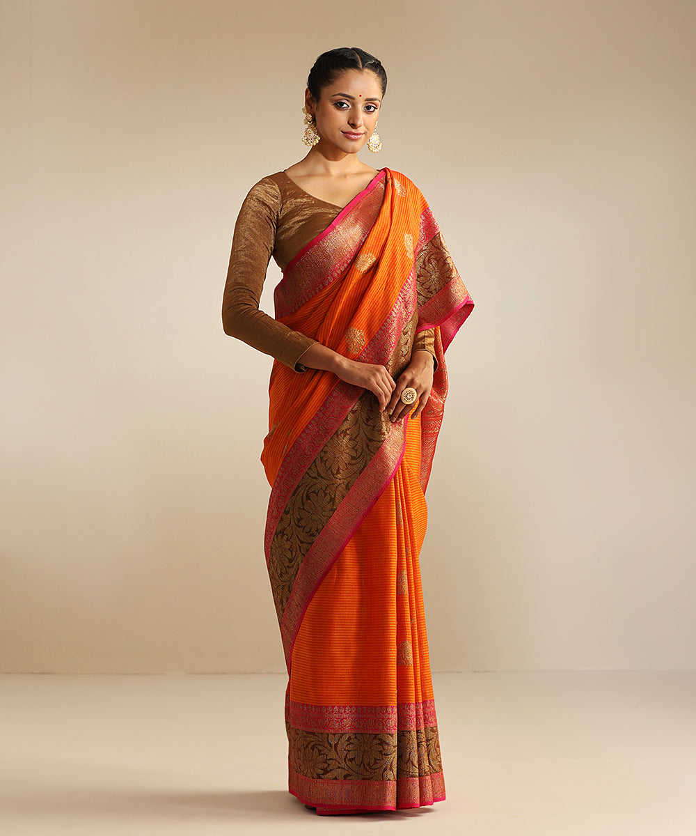 Handloom_Mustard_Dupion_Silk_Banarasi_Saree_With_Broad_Pink_Zari_Border_WeaverStory_02