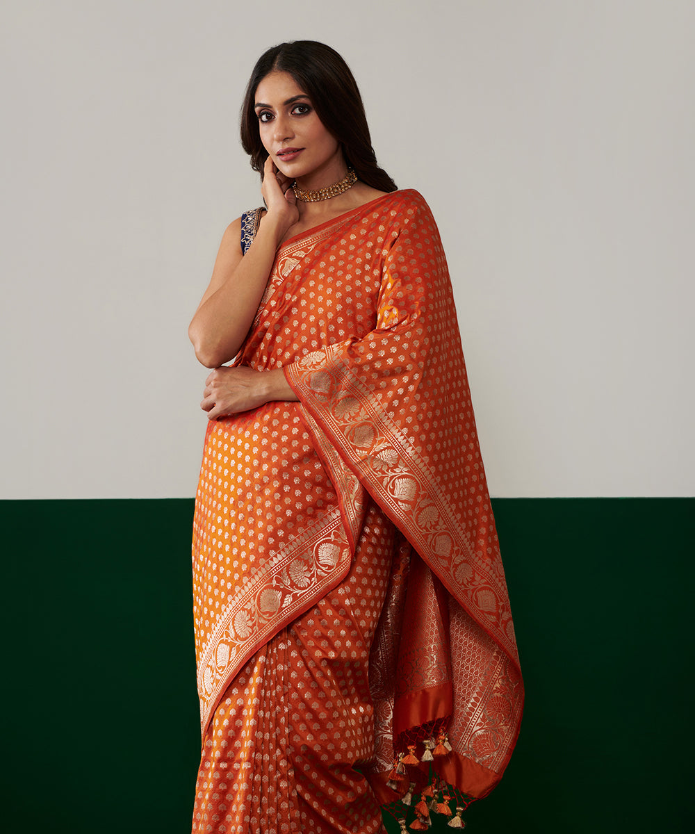 Handloom_Orange_And_Yellow_Pure_Katan_Silk_Banarasi_Saree_With_All_Over_Booti_WeaverStory_01