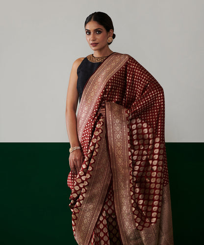 Maroon_Handloom_Pure_Katan_Silk_Banarasi_Saree_With_Cutwork_Booti_WeaverStory_01