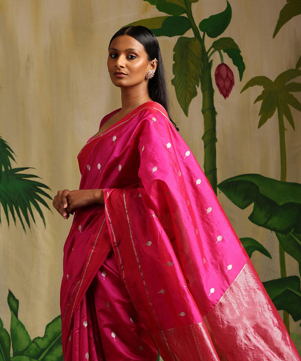 Handloom_Hot_Pink_Pure_Chanderi_Silk_Saree_With_Silver_Zari_Booti_WeaverStory_01