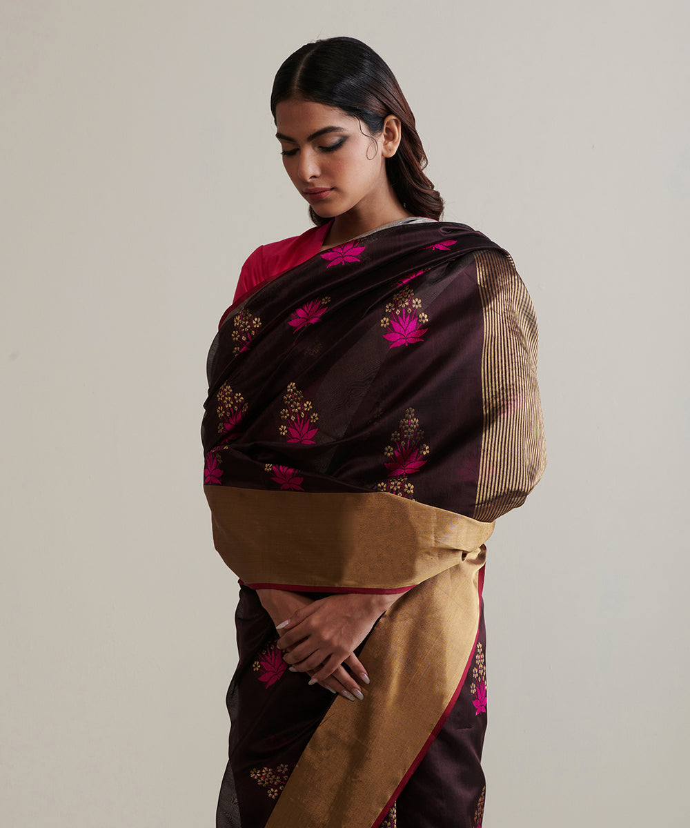 Handloom Coke Brown Pure Chanderi Silk Saree With Broad Zari Border ...