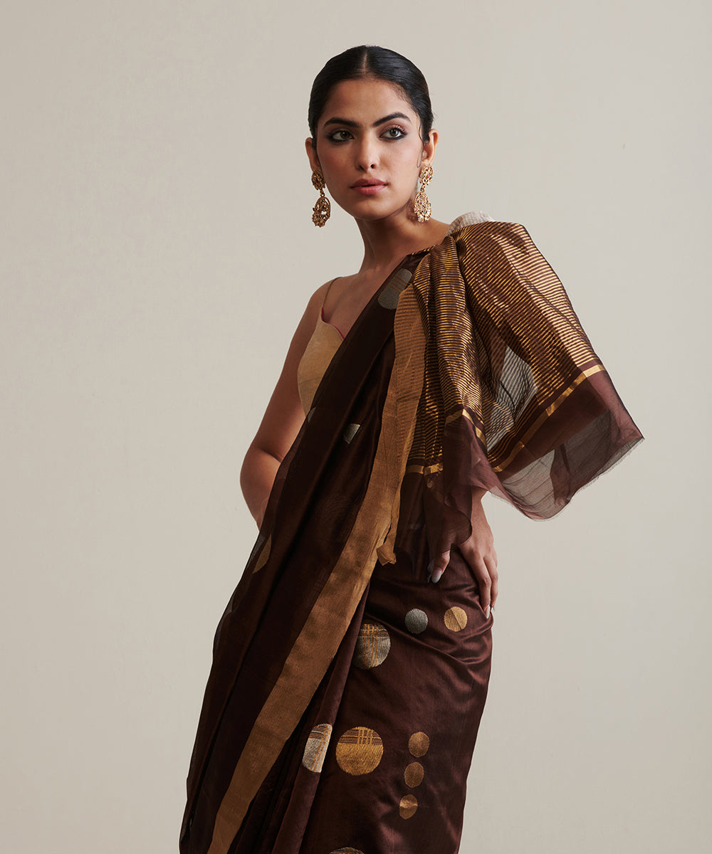 Dark_Brown_Handloom_Pure_Chanderi_Silk_Saree_With_Zari_Polka_Dots_WeaverStory_01