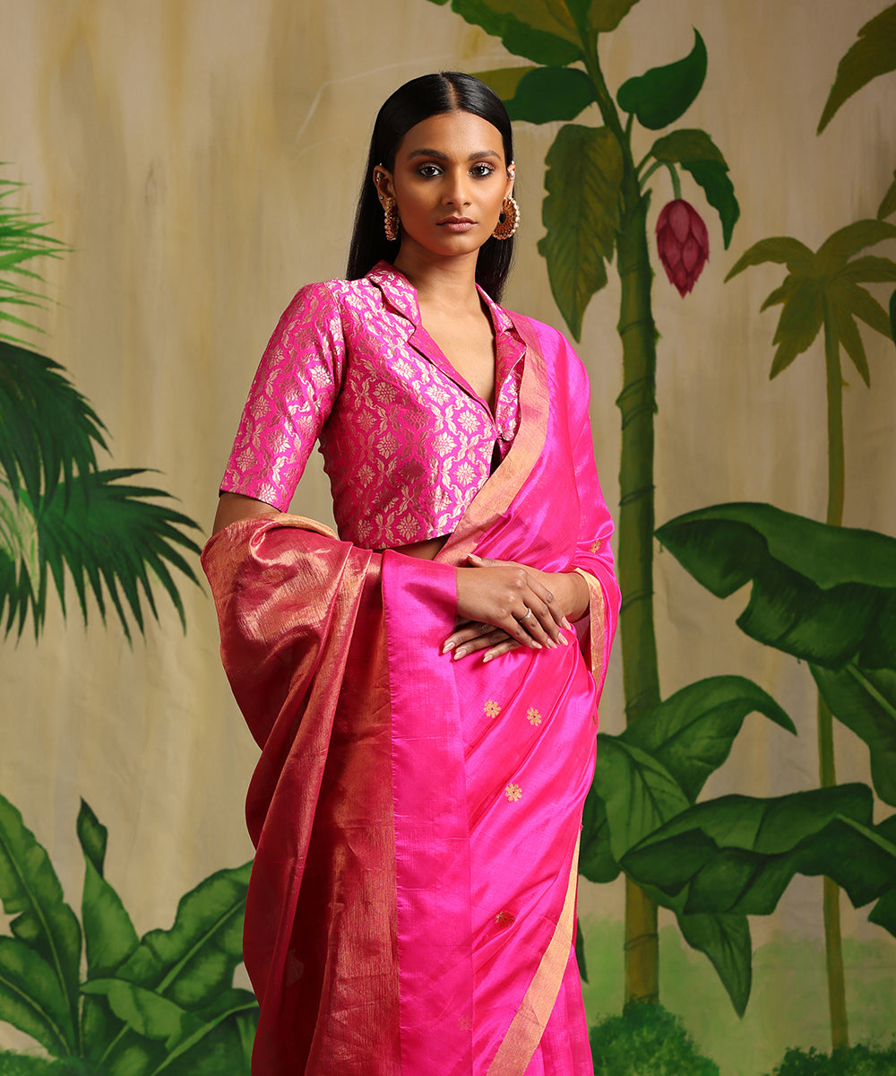 Handloom_Hot_Pink_Pure_Silk_Chanderi_Saree_With_Zari_Booti_WeaverStory_01