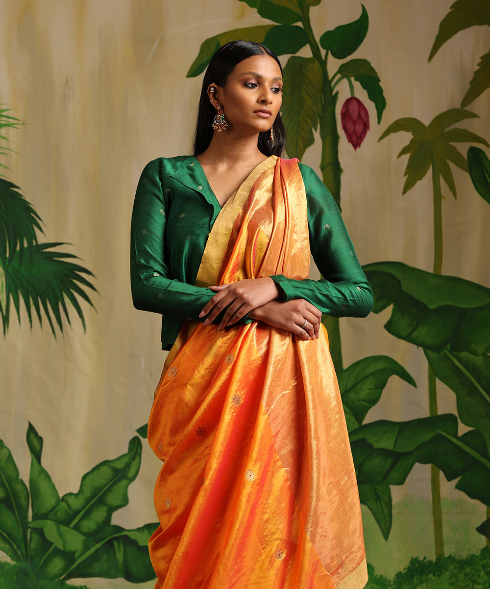 Orange_Handloom_Pure_Silk_Chanderi_Saree_With_Zari_Booti_WeaverStory_01