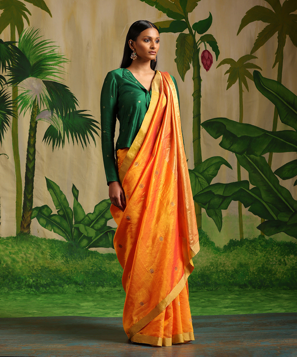 Orange_Handloom_Pure_Silk_Chanderi_Saree_With_Zari_Booti_WeaverStory_02