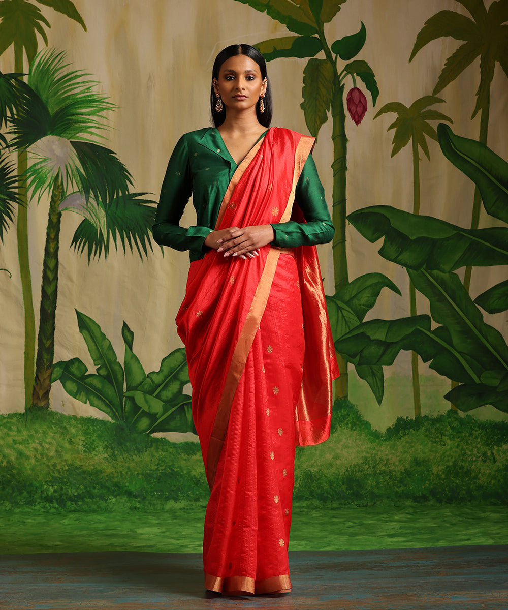 Handloom_Red_Pure_Silk_Chanderi_Saree_With_Zari_Booti_WeaverStory_02