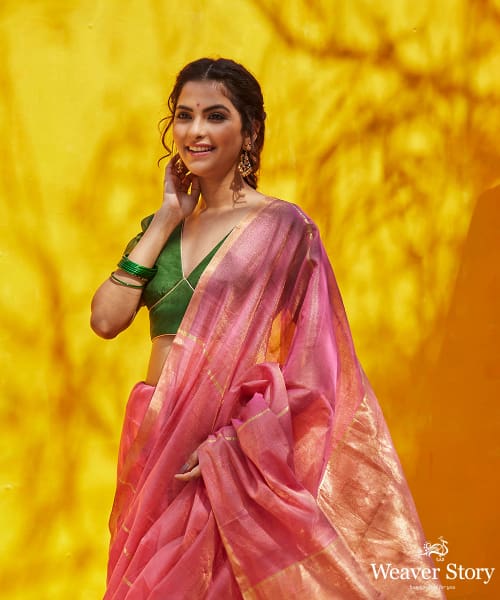 Rose_Gold_Handloom_Tissue_Silk_Chanderi_Saree_With_Gold_Zari_Border_WeaverStory_01