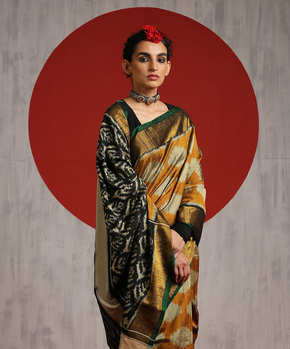 Handloom_Mustard_And_Black_Raw_Silk_Patola_Saree_WeaverStory_01