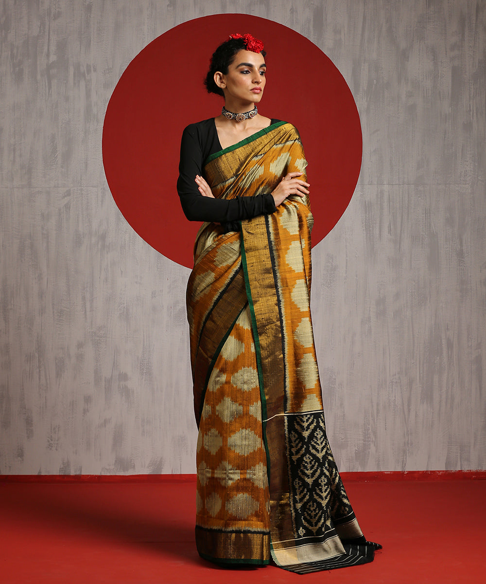 Handloom_Mustard_And_Black_Raw_Silk_Patola_Saree_WeaverStory_02