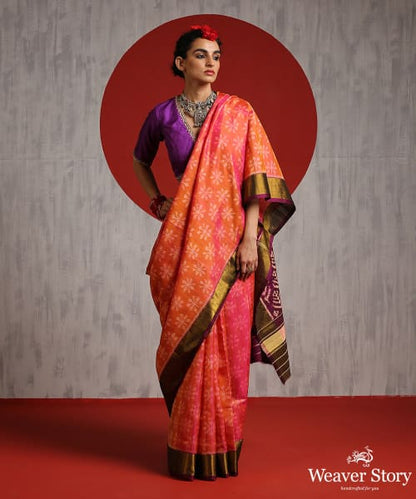 Peach_And_Pink_Handloom_Raw_Silk_Patola_Saree_With_Purple_Border_WeaverStory_02