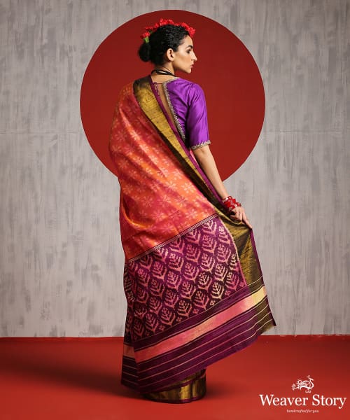 Peach_And_Pink_Handloom_Raw_Silk_Patola_Saree_With_Purple_Border_WeaverStory_03