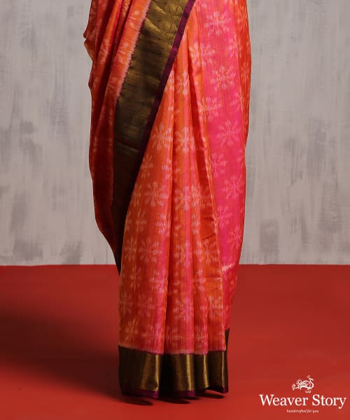 Peach_And_Pink_Handloom_Raw_Silk_Patola_Saree_With_Purple_Border_WeaverStory_04