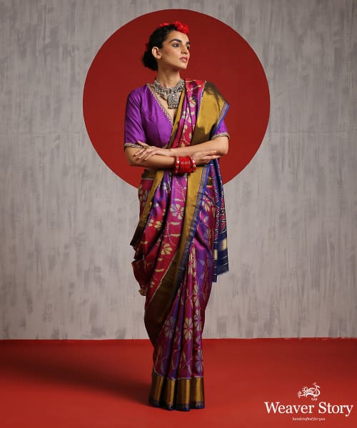 Handloom_Plum_Pure_Silk_Patola_Saree_With_Blue_Border_And_Pallu_WeaverStory_02