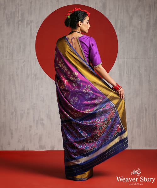 Handloom_Plum_Pure_Silk_Patola_Saree_With_Blue_Border_And_Pallu_WeaverStory_03