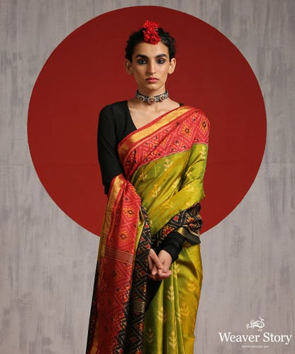 Fresh_Green_Handloom_Pure_Silk_Patola_Saree_With_Black_And_Red_Border_And_Pallu_WeaverStory_01