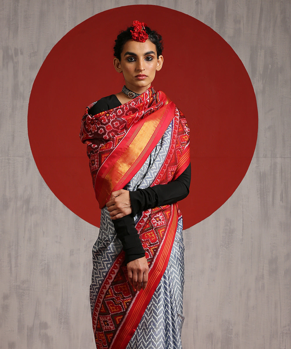 Grey_Handloom_Mulberry_Silk_Patola_Saree_With_Red_Border_And_Chevrons_Pattern_WeaverStory_01