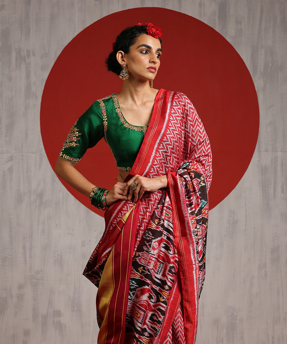 Red_And_Offwhite_Handloom_Mulberry_Silk_Patola_Saree_With_Chevron_Weave_WeaverStory_01