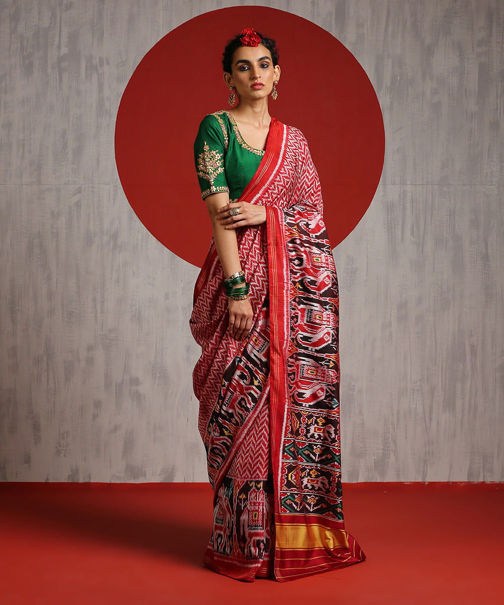 Red_And_Offwhite_Handloom_Mulberry_Silk_Patola_Saree_With_Chevron_Weave_WeaverStory_02