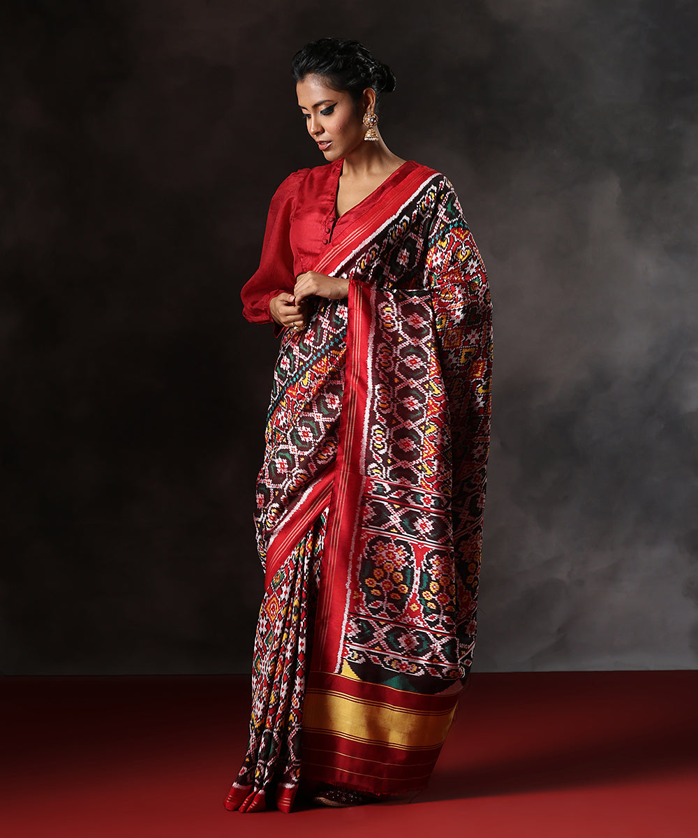 Red_And_Mustard_Pure_Mulberry_Silk_Patola_Saree_With_Maroon_Border_WeaverStory_02