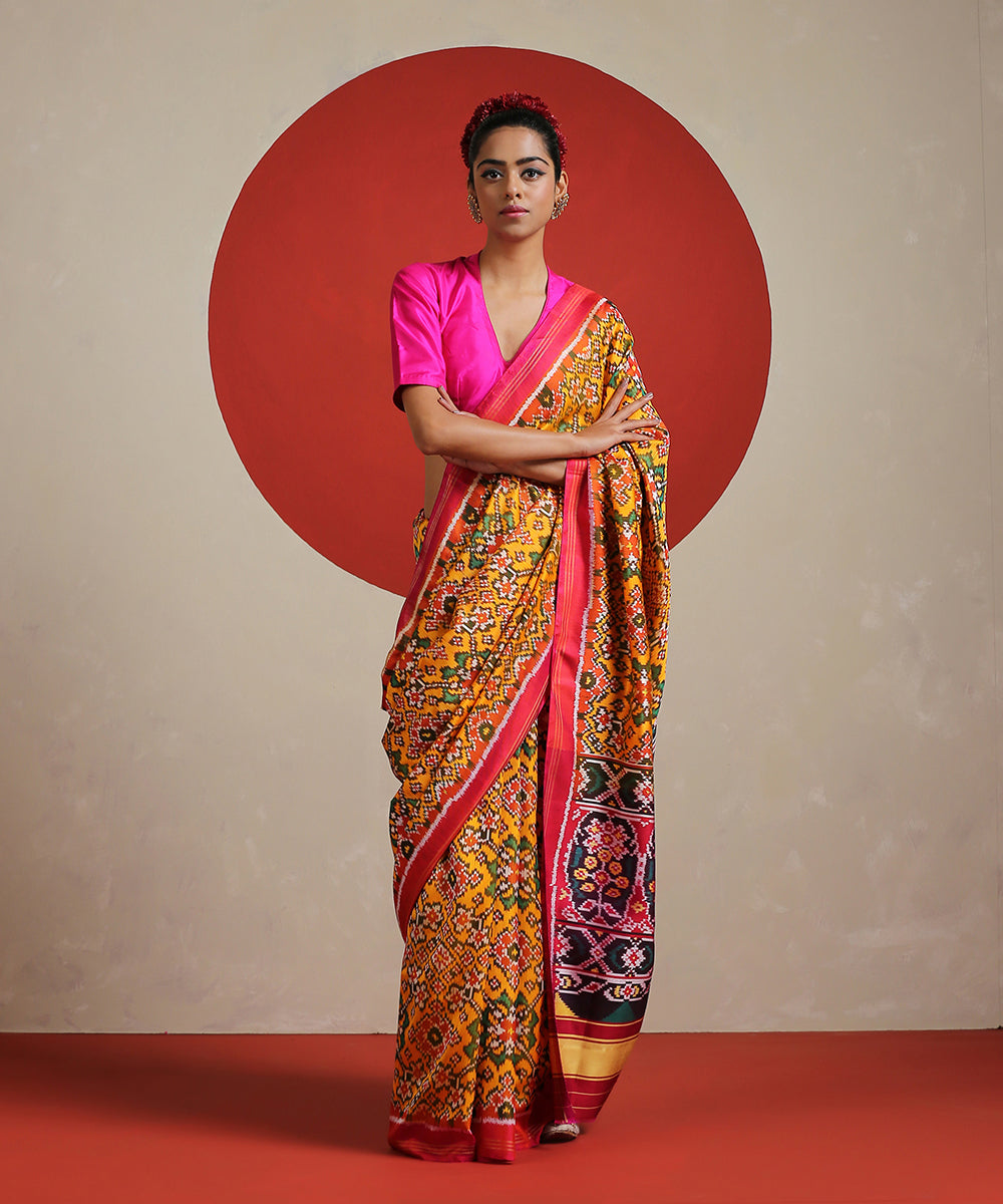 Mustard_And_Green_Mulberry_Silk_Patola_Saree_With_Pink_Border_And_Twill_Weave_WeaverStory_02