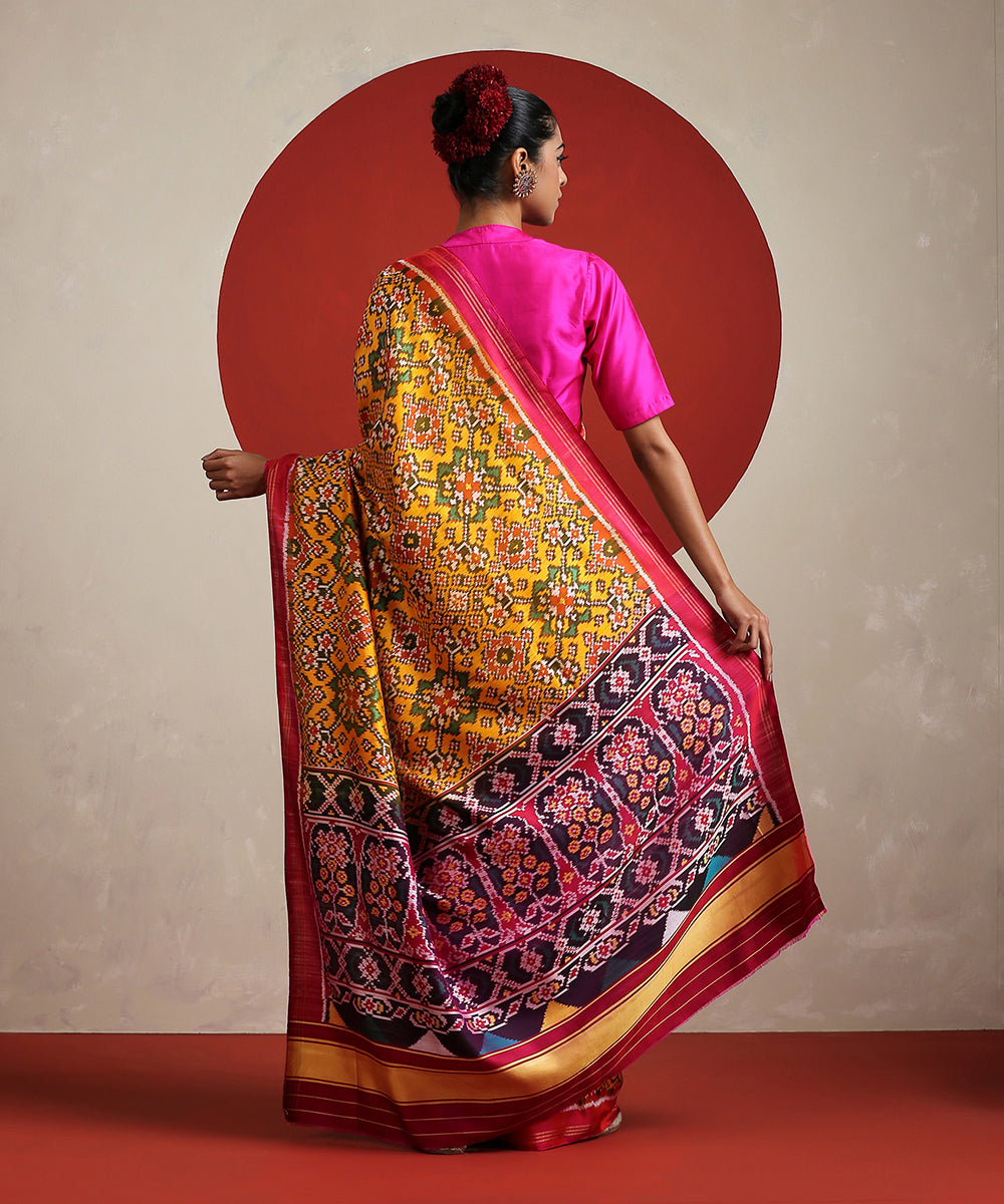 Mustard_And_Green_Mulberry_Silk_Patola_Saree_With_Pink_Border_And_Twill_Weave_WeaverStory_03