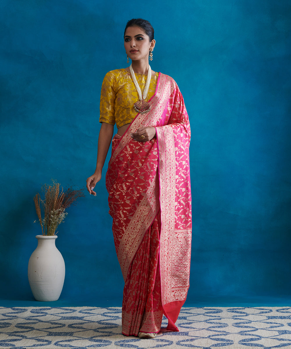 Handloom_Hot_Pink_Pure_Katan_Silk_Banarasi_With_Cutwork_Floral_Jaal_WeaverStory_02