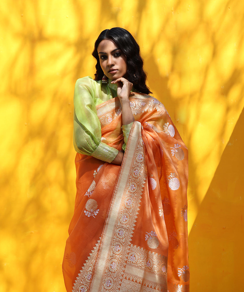 Handloom_Saffron_Pure_Kora_Silk_Banarasi_Saree_With_And_Kadhwa_Border_WeaverStory_01