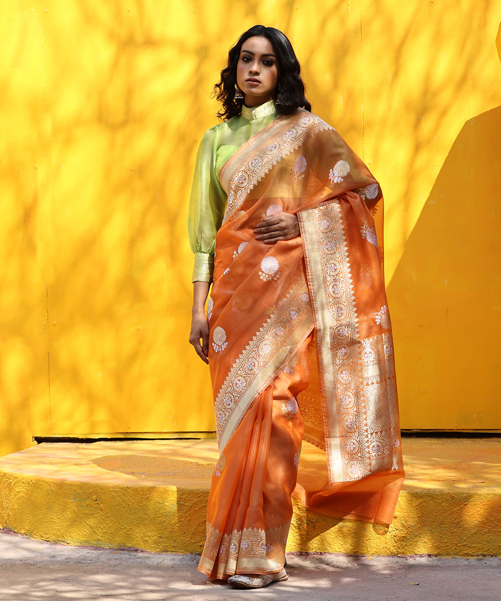 Handloom_Saffron_Pure_Kora_Silk_Banarasi_Saree_With_And_Kadhwa_Border_WeaverStory_02