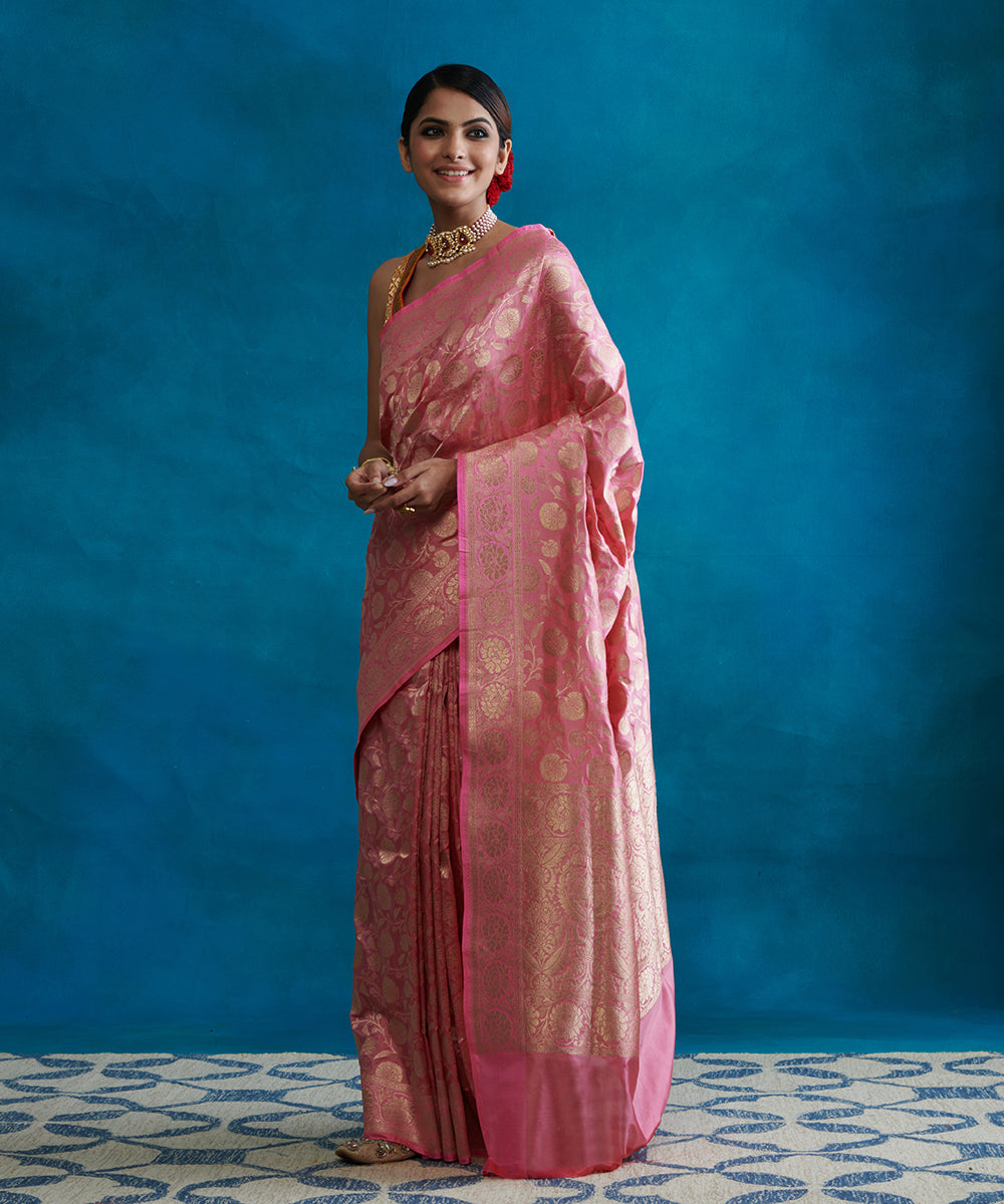 Handloom_Pink_Pure_Katan_Silk_Banarasi_Saree_With_Floral_Zari_Border_WeaverStory_02