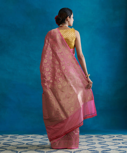 Handloom_Pink_Pure_Katan_Silk_Banarasi_Saree_With_Floral_Zari_Border_WeaverStory_03