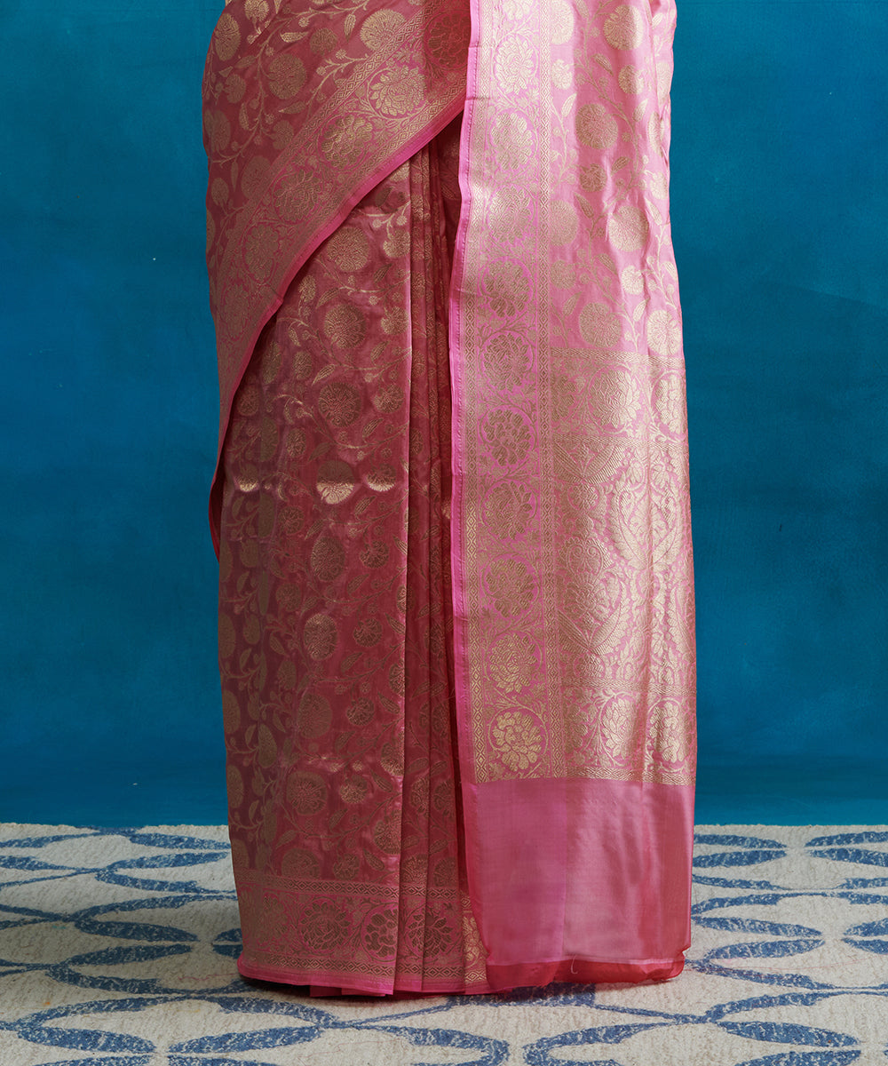 Handloom_Pink_Pure_Katan_Silk_Banarasi_Saree_With_Floral_Zari_Border_WeaverStory_04